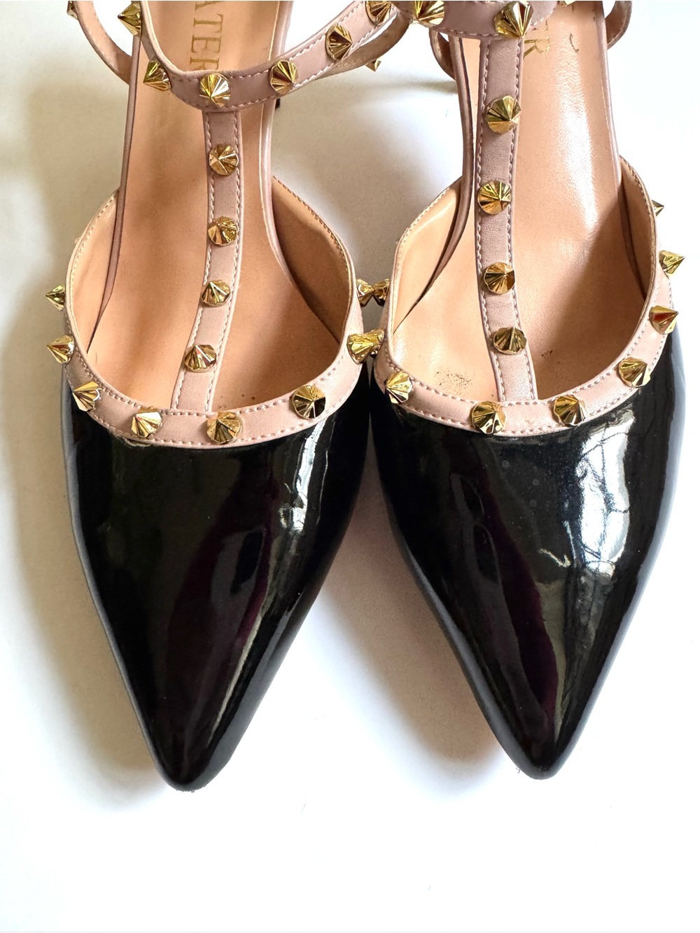 Hecater Stud-Trim Black Patent Pointed Toe Midi Heel with Nude Straps - Picture 3 of 6